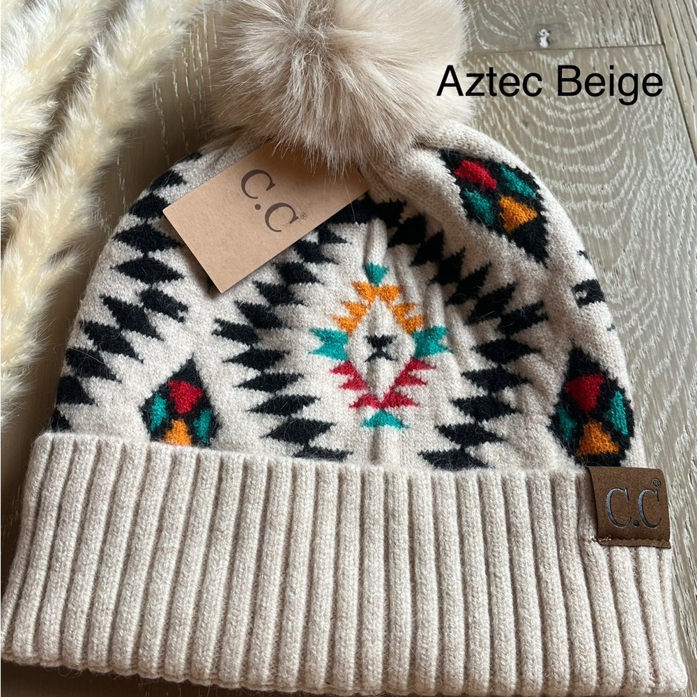 Womens C.C Exclusive Soft Aztec Southwest Pattern Beanie Hat With Faux Fur Pom🤎 - Picture 7 of 8